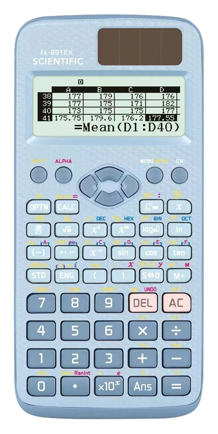 Casio fx-991EX scientific calculator in black, blue, or pink with solar panel and high-resolution LCD screen