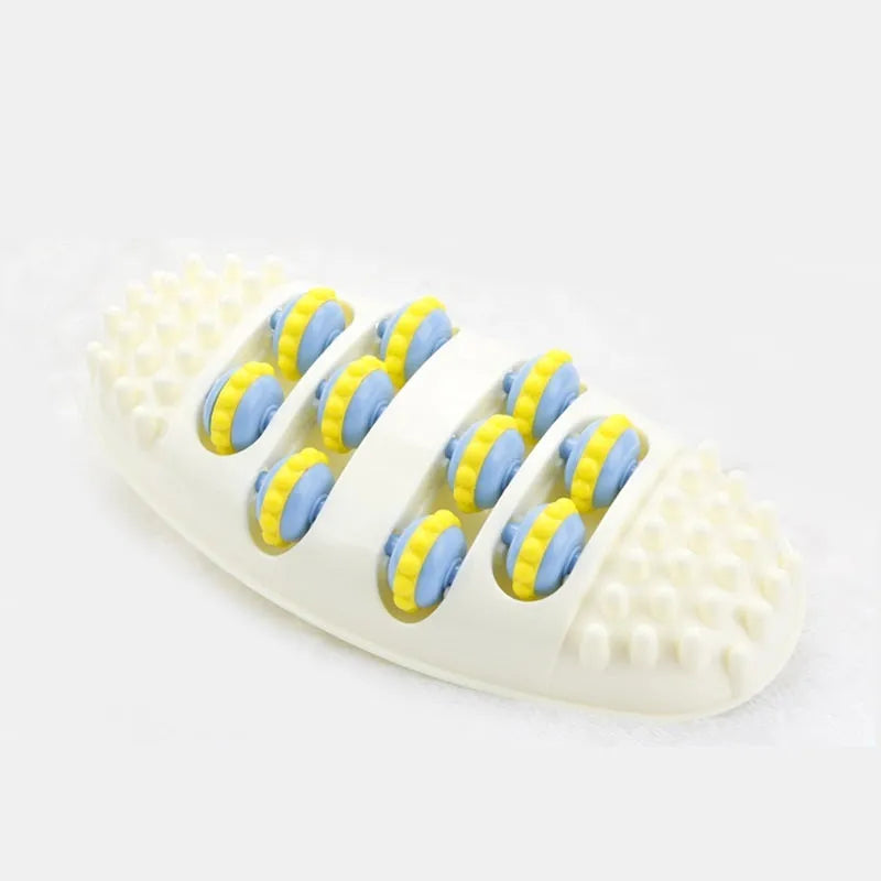 White dual foot acupressure massager roller for plantar fasciitis relief, with textured plastic surface