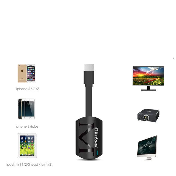 Black smartphone screen mirroring dongle with USB and HDMI connectors for 1080p display output