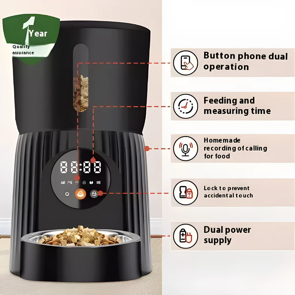 Automatic pet feeder with remote control for timed quantitative feeding in black or white colour