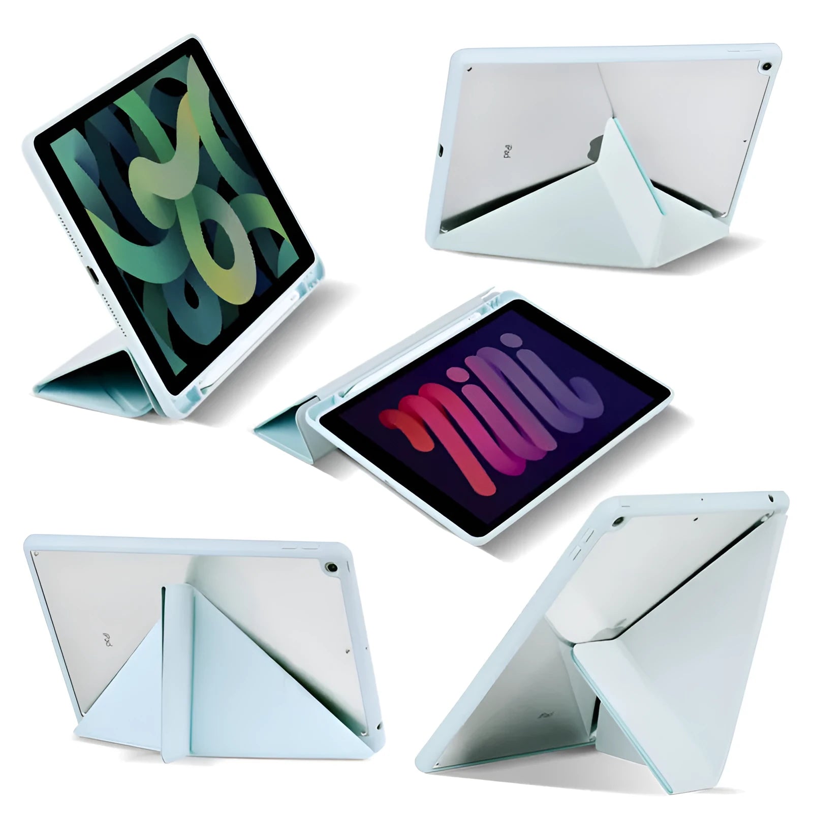 Acrylic Y folding imitation leather iPad case in dark grey, shown in both closed and standing bracket positions.