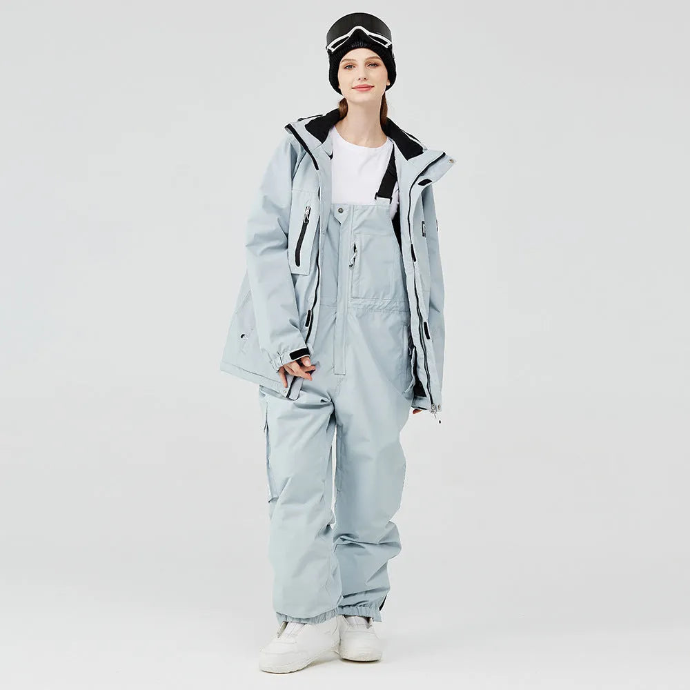 Blue and black unisex waterproof ski suit jacket and trousers for winter sports
