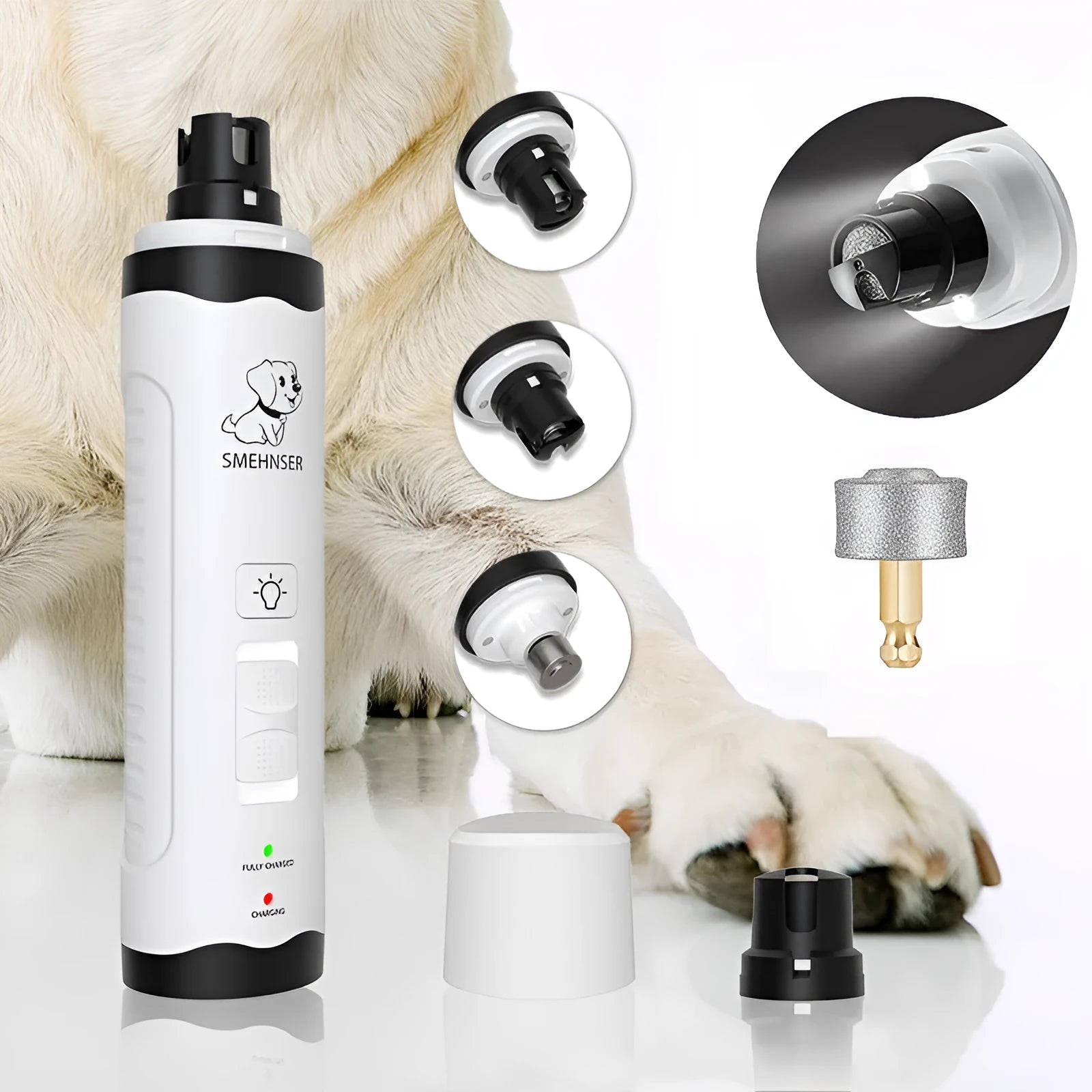 Electric dog nail grinder device with LED display showing speed settings and dust collection port