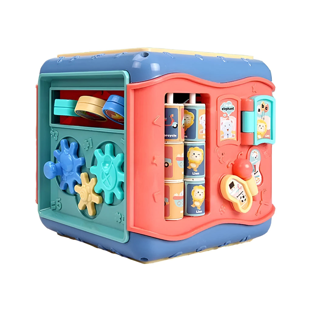 Colourful six-sided Montessori educational activity cube for babies with bead maze and gears