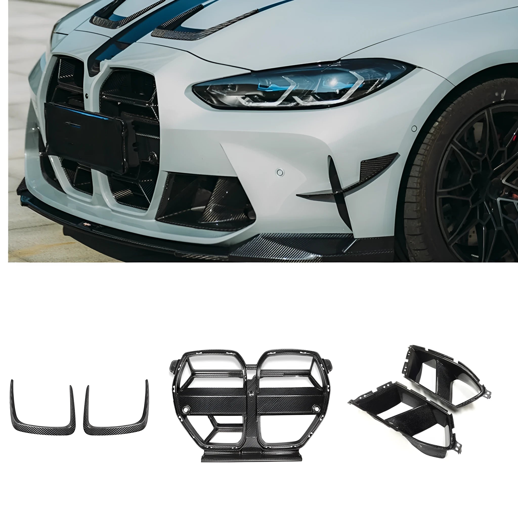 Dry carbon fiber front bumper grille for BMW M3 M4 G80 G82, 3K weave, black
