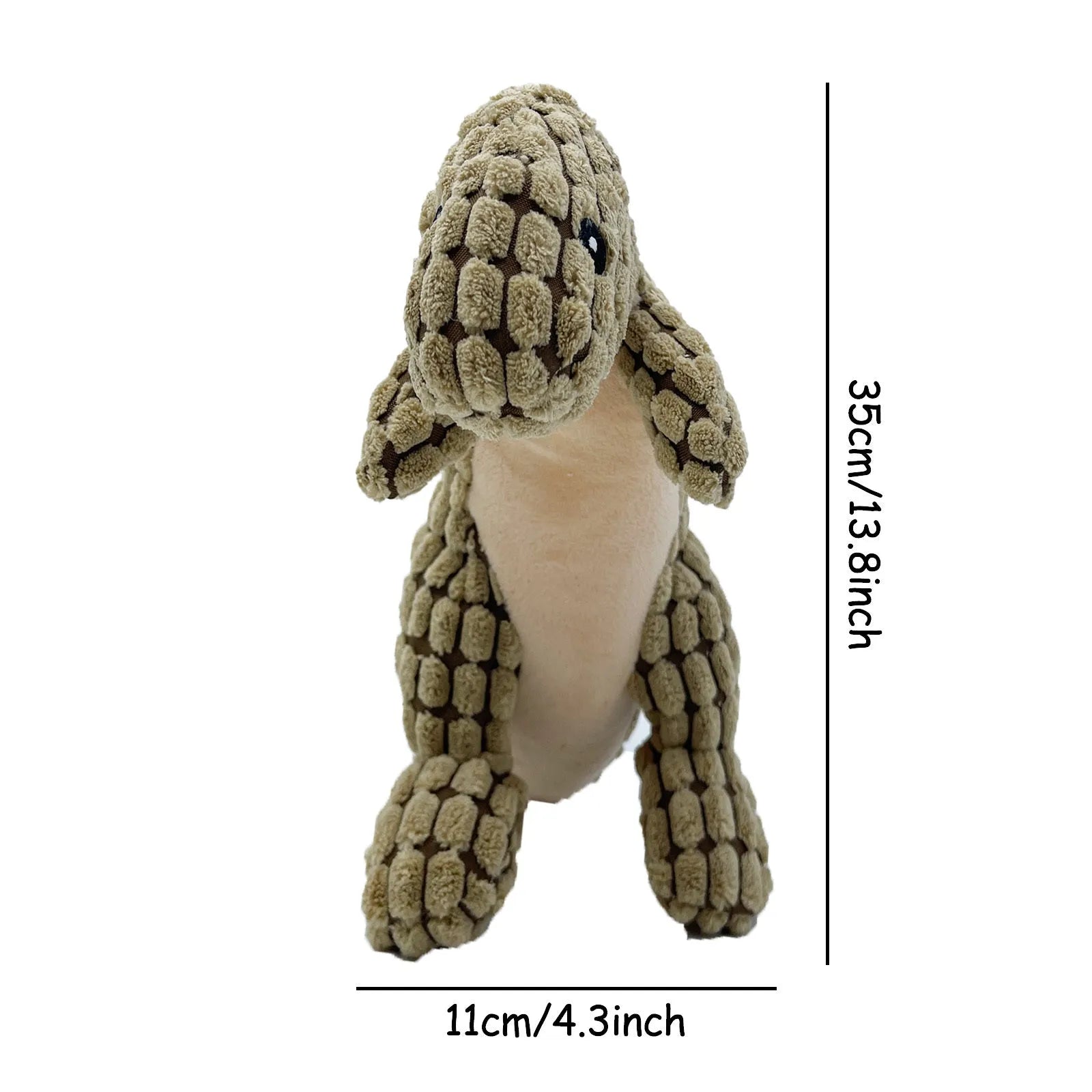Grey, green and orange dog toys with sound features for bite resistant chewing measuring 35cm