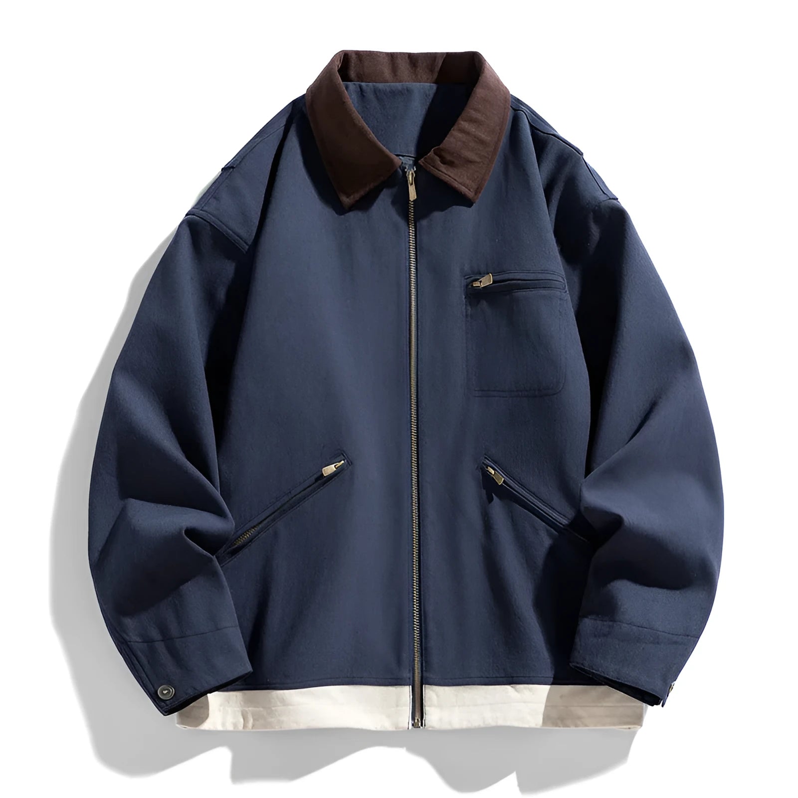 Men's American retro workwear jacket with contrast lapels in loose fit, shown in available colour options