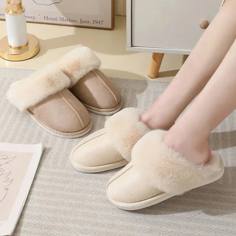 Women's plush winter slippers with artificial wool lining and anti-slip PVC soles in multiple colours