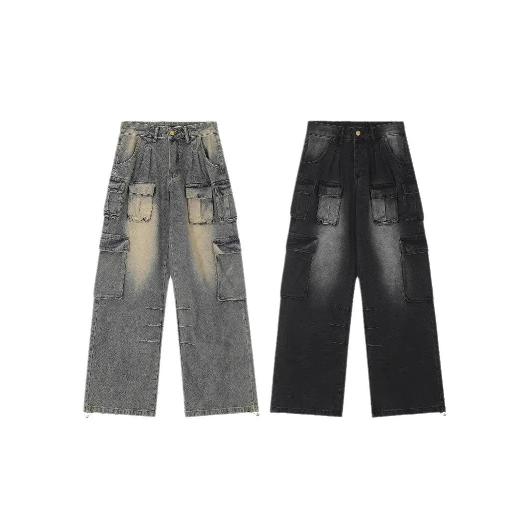 Loose fit distressed denim pants with multiple pockets in straight-leg street style