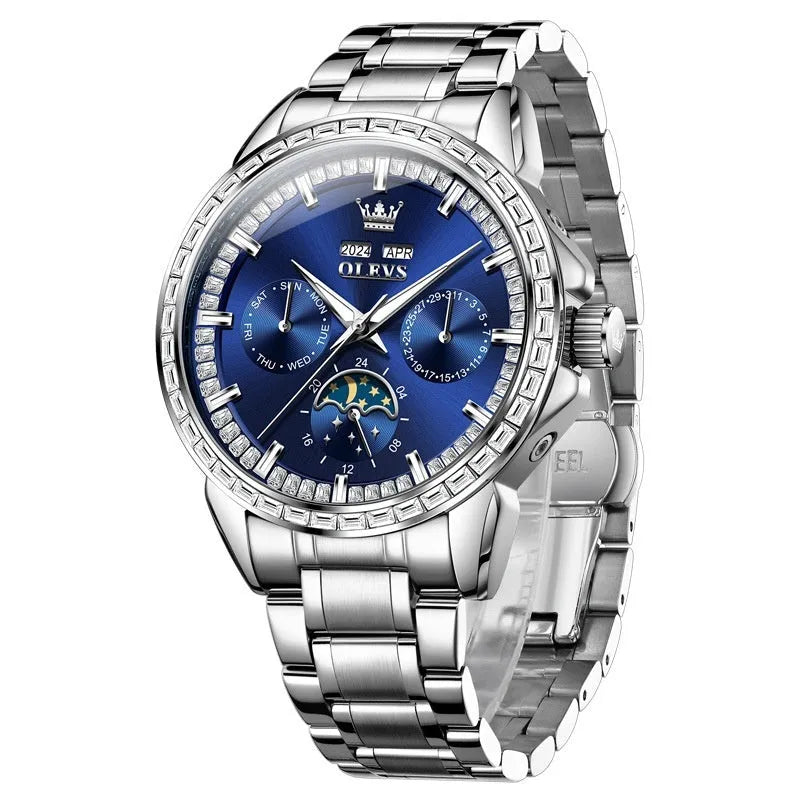 Men's diamond-embedded automatic mechanical watch with stainless steel construction and transparent case back