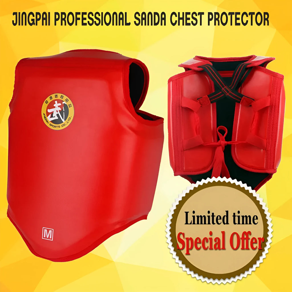 Red boxing helmet and one-piece chest protector set on a grey background.