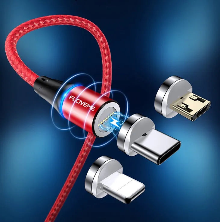 Black magnetic data cable with USB-C connector and side LED light, laid flat next to its aluminium foil packaging.