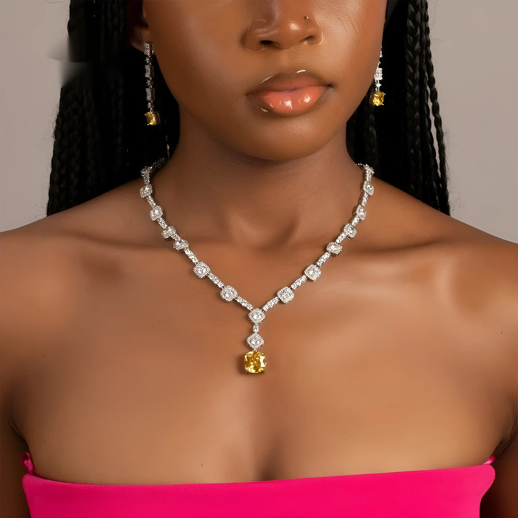 Copper inlaid zircon citrine necklace earring set with 18-inch claw chain on white background