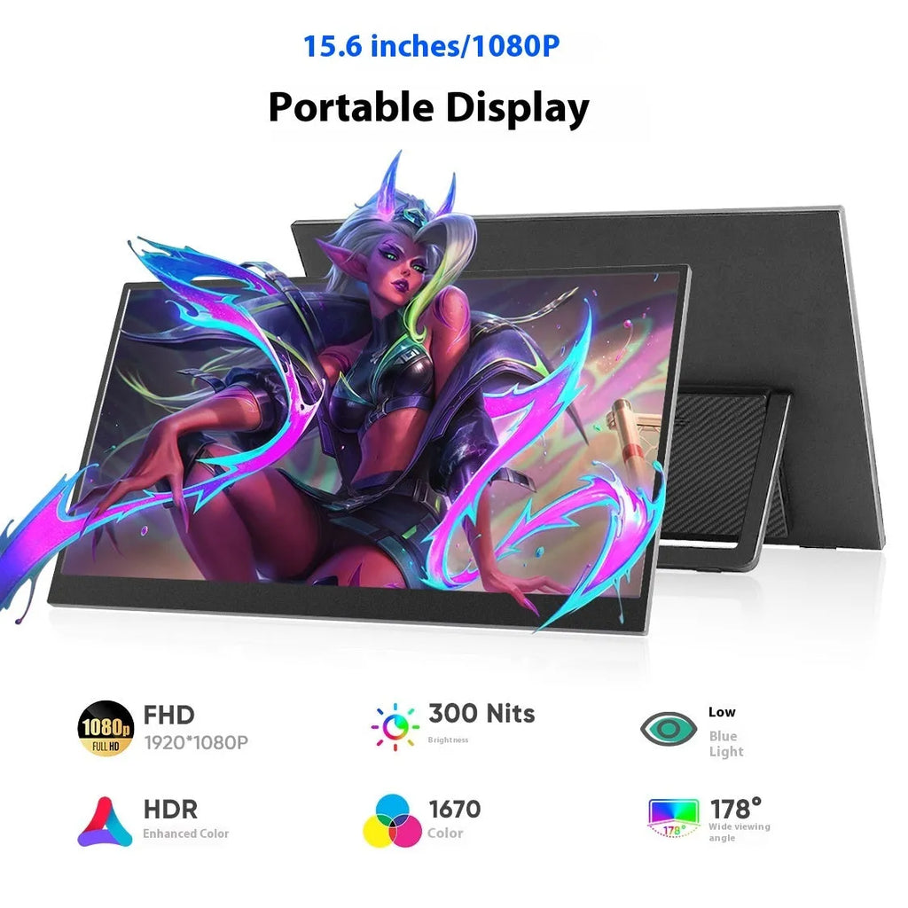 Black 15.6-inch portable external monitor with adjustable stand on a desk.