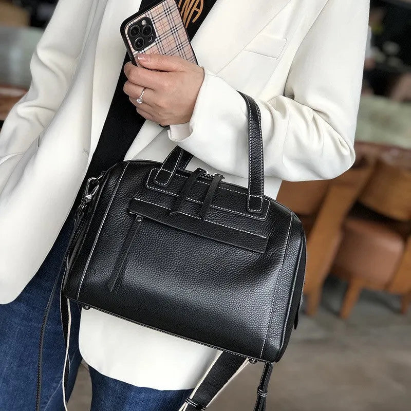 Genuine leather shoulder messenger bag with lychee grain pattern in horizontal square design