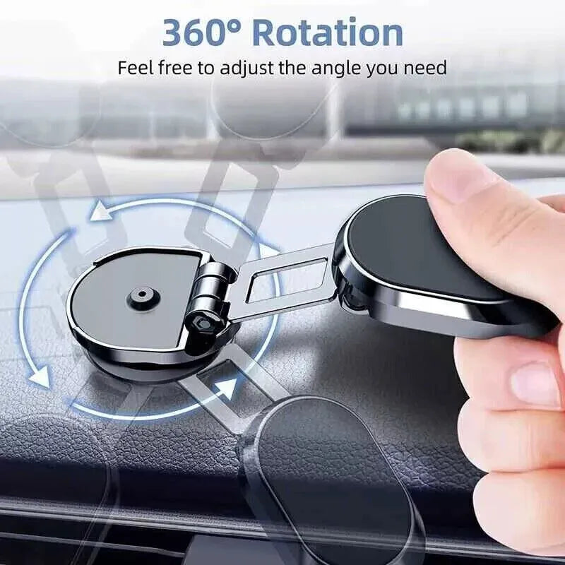Chrome magnetic car phone holder with 360-degree rotation on dashboard