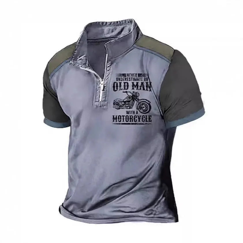 Men's grey casual polo shirt with lapel detail, zipper decoration, and digital letter printing on the front.