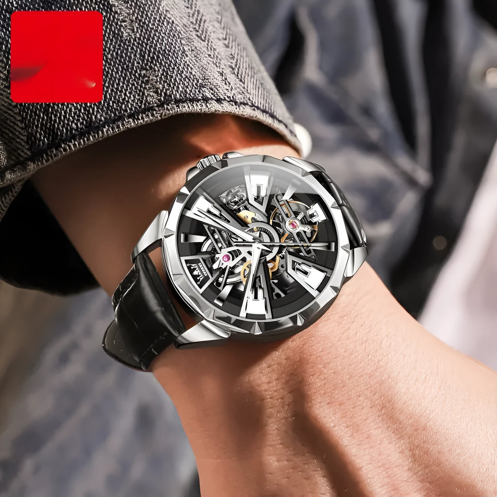 Men's automatic mechanical watch with hollow dial visible movement and transparent case back