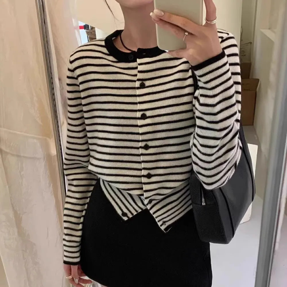 Women's dark grey and white striped French style cardigan with slim fit and 40cm length