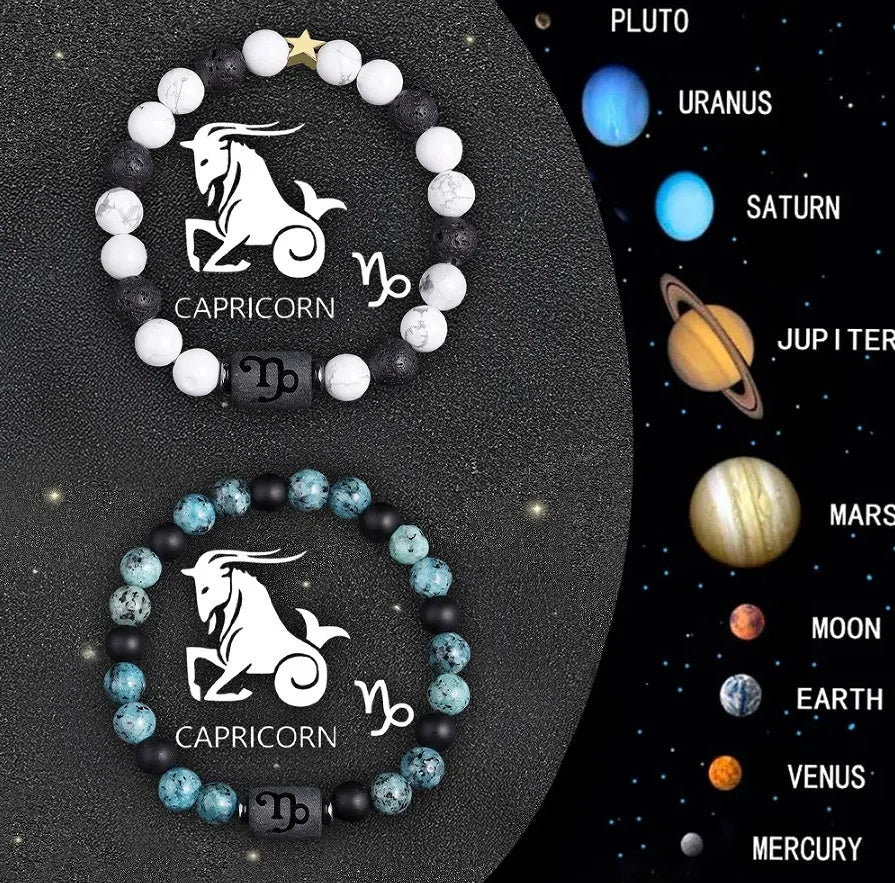 Set of twelve natural stone zodiac sign bracelets with elastic closures arranged in circle
