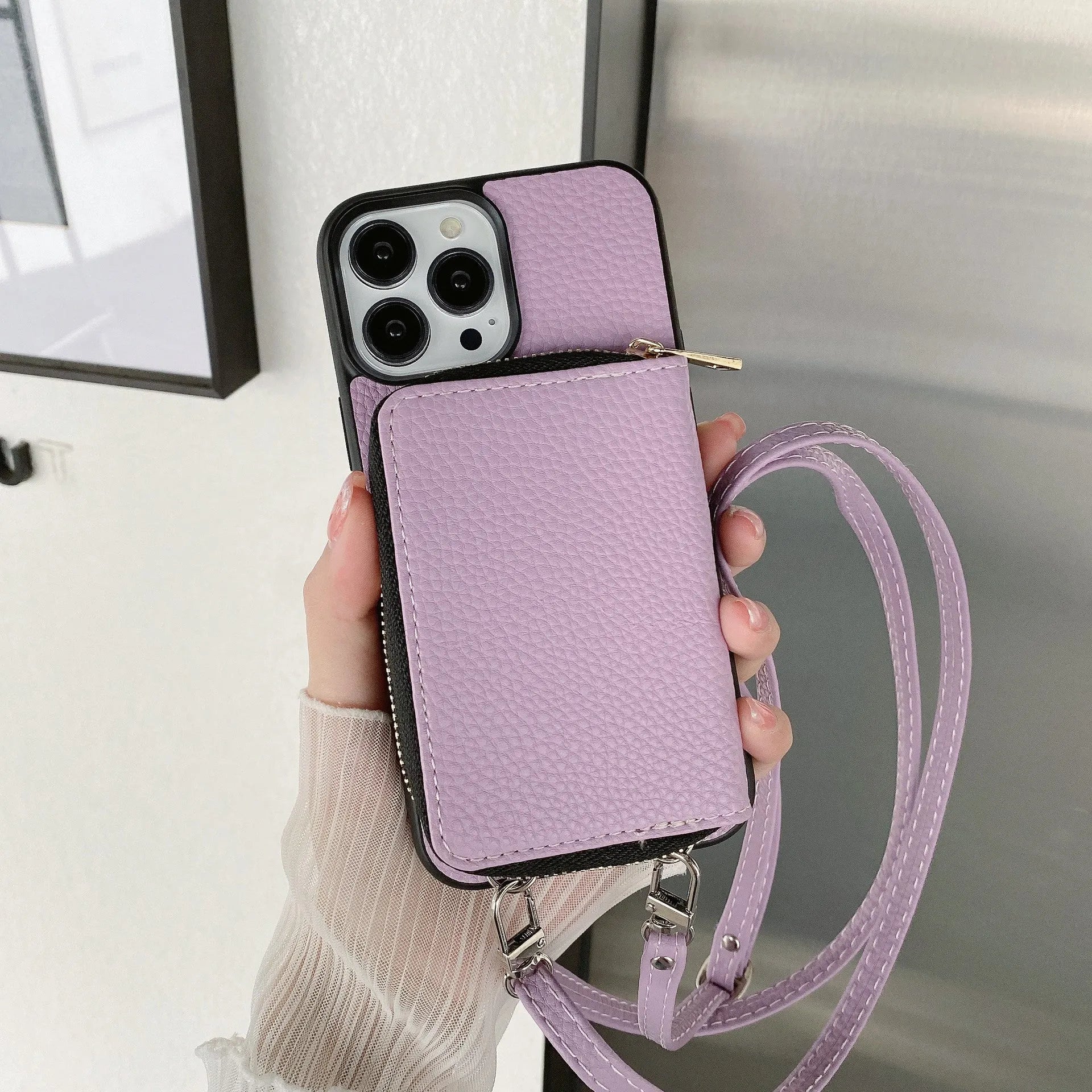 Litchi patterned phone protective case in PC and leather for iPhone 12, 13, and 14 series, black colour option