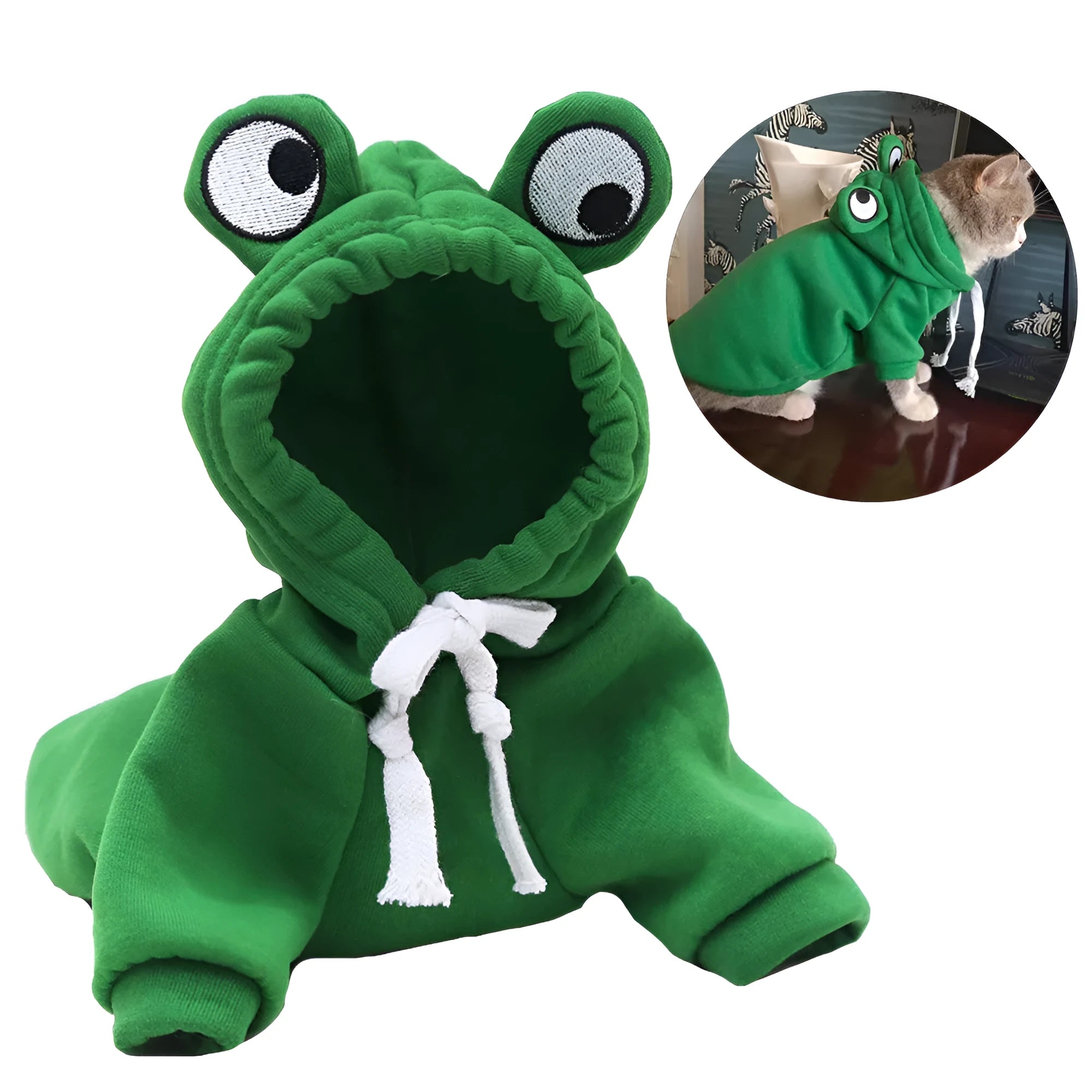 Green frog hoodie for small dogs and cats, lying on surface with front view