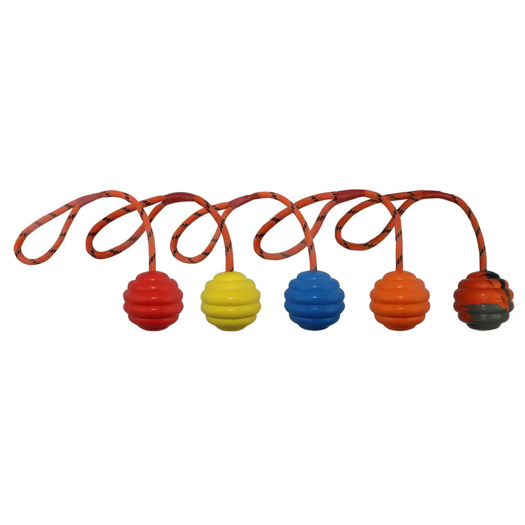 Rubber dog chew ball with rope knots measuring 6x30cm in multiple colour options
