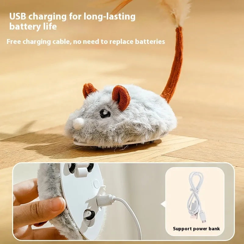 Self-moving electric plush mouse cat toy in pink with Type C charging port