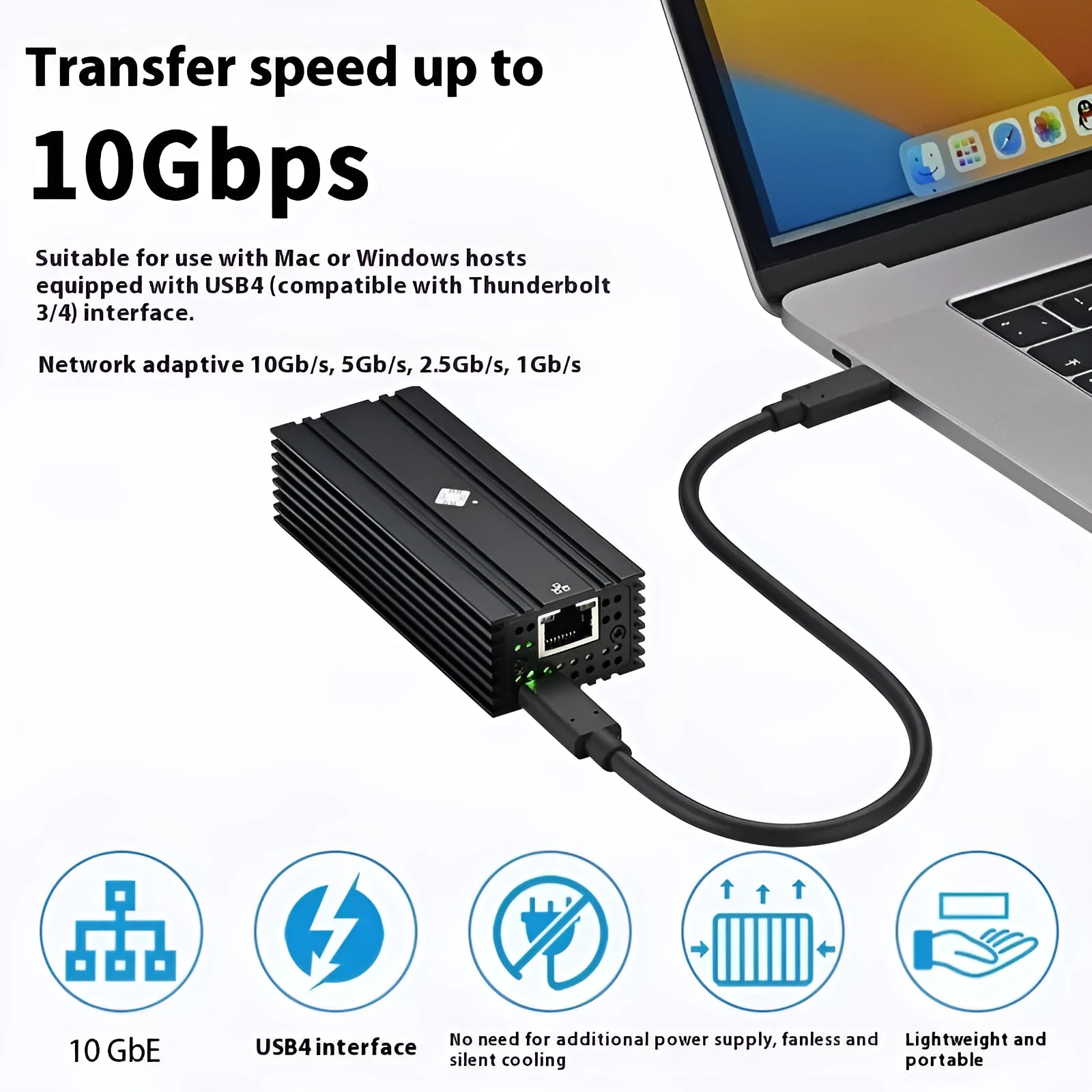 Black Leyu USB4 to RJ45 10G network adapter with 20cm cable