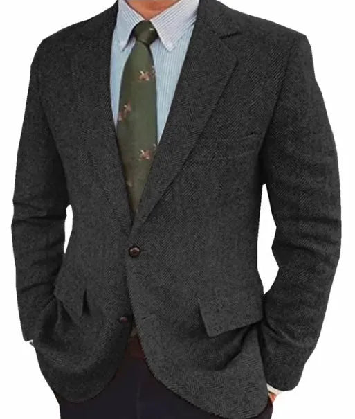 Men's retro herringbone suit jacket in solid colour with long sleeves and flax lining, shown in Brown
