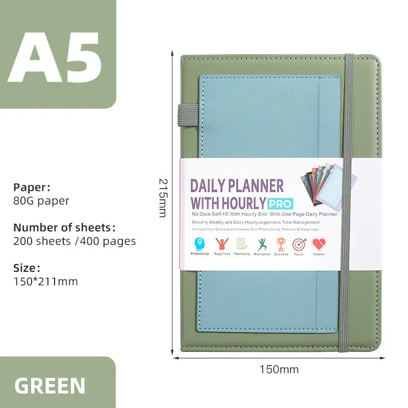 A5 notebook with PU cover, open to show no-date strap and thread binding, with planning stickers.