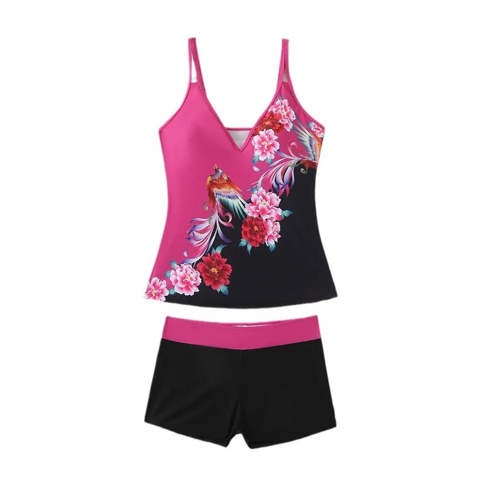 Black and rose red plus size female split swimsuit with briefs style for swimming.
