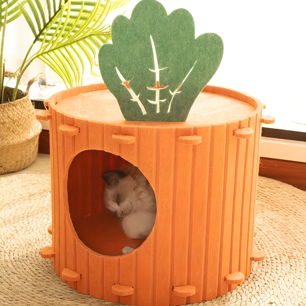 Carrot-shaped grey felt cat nest with a tunnel entrance, shown in two sizes for indoor cats.