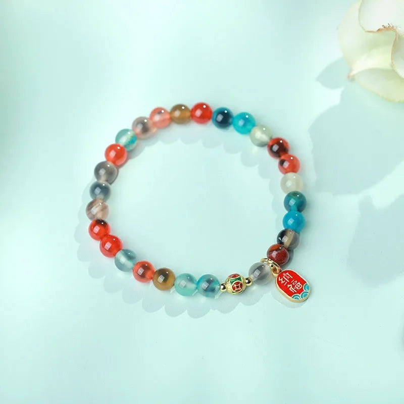 Natural agate bracelet with coloured glaze and copper coin details, women's size, 6mm and 8mm beads, handmade