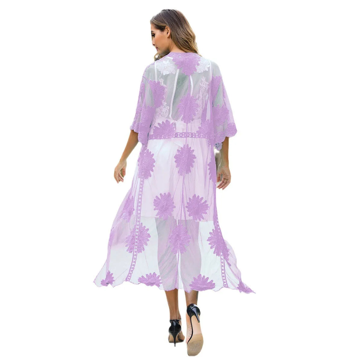 Light purple cotton beach dress with lace embroidery details, swimsuit cover-up for women