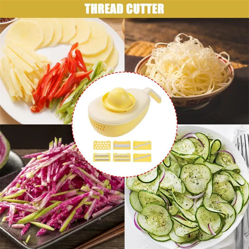 Vegetable grater slicer with six sabres and bottom storage box in avocado green colour on a kitchen counter