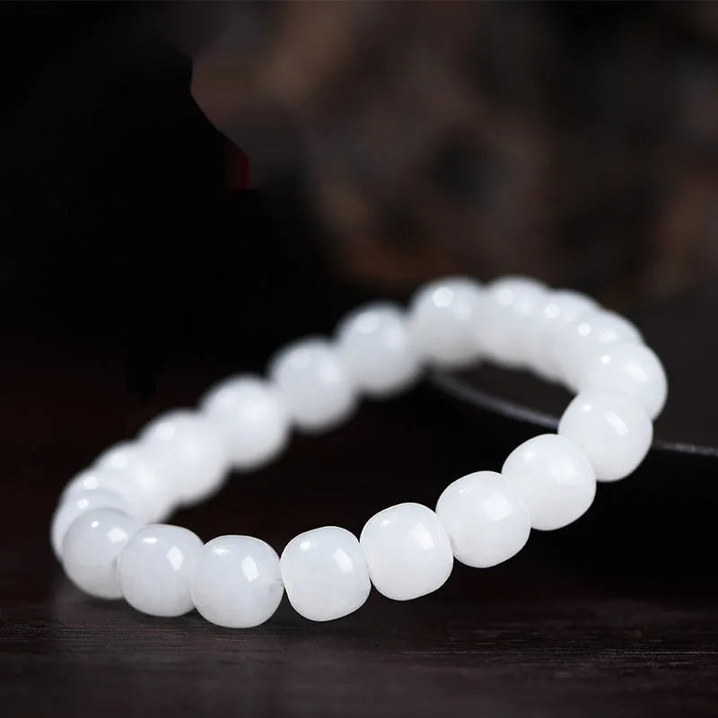 White jade barrel beads bracelet with polished Hetian jade stones in three size options