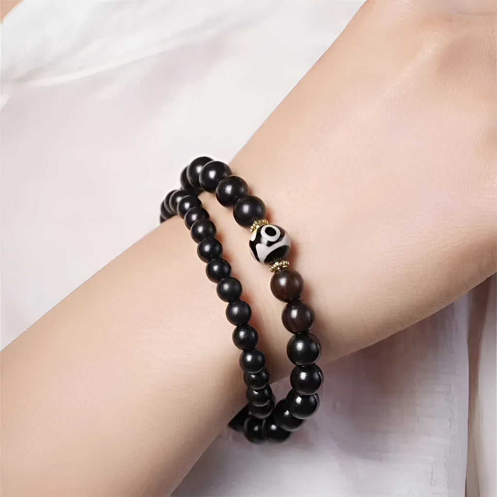 Unisex ebony wood bracelet with 8mm beads in two circles retro style