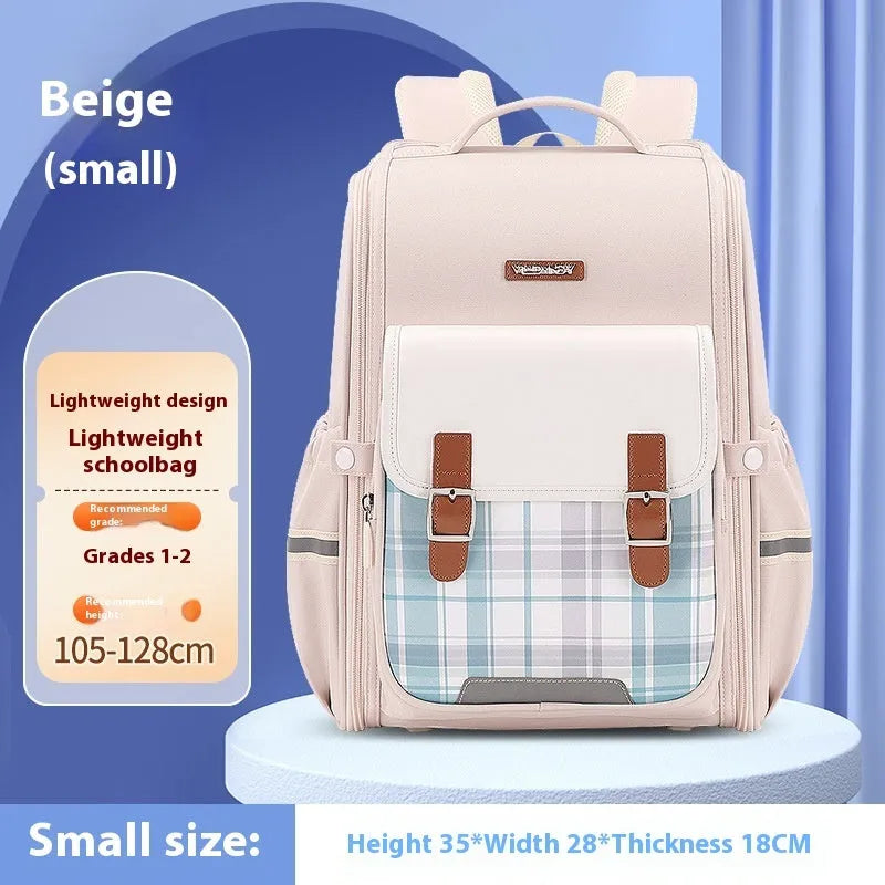 Oxford cloth student backpack in beige, large size, shown as a lightweight schoolbag for Grade 5-6.