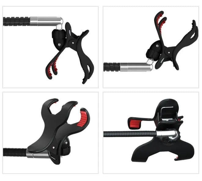 Black mobile phone bracket mounted on bed frame holding smartphone for comfortable viewing