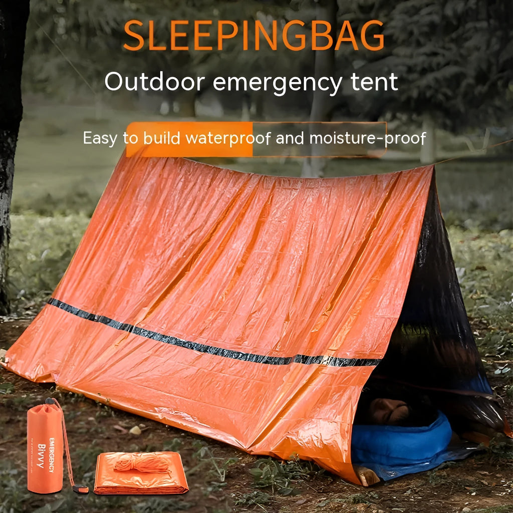 Orange disaster relief tent with sleeping bag and raincoat emergency shelter kit