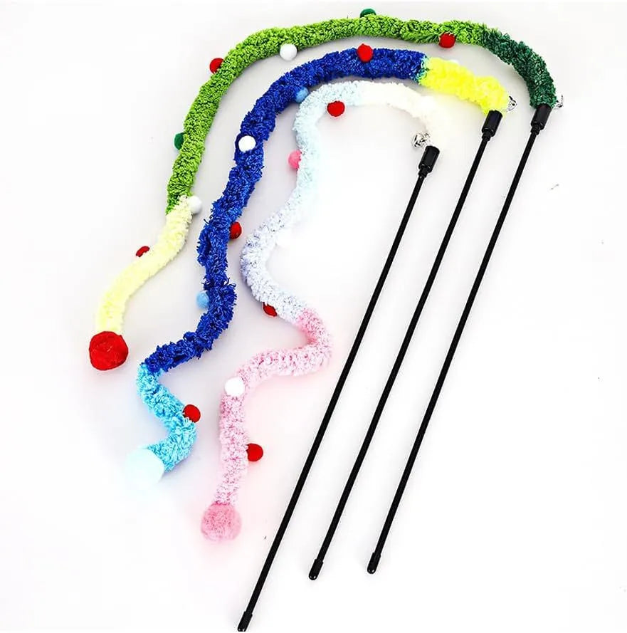 Blue interactive cat teaser wand with long plush strip and fluffy bell ball.