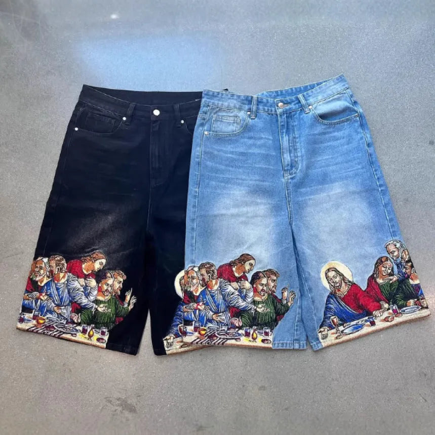 Men's blue cotton shorts with Jesus print on back pocket and tapered design