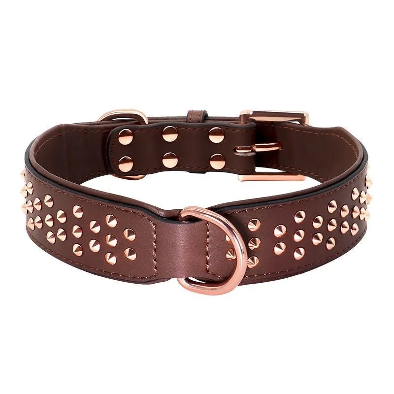 Leather dog collar with metal rivets in black, chocolate, or pink colour options