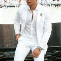White men's slim fit two-piece suit on a hanger