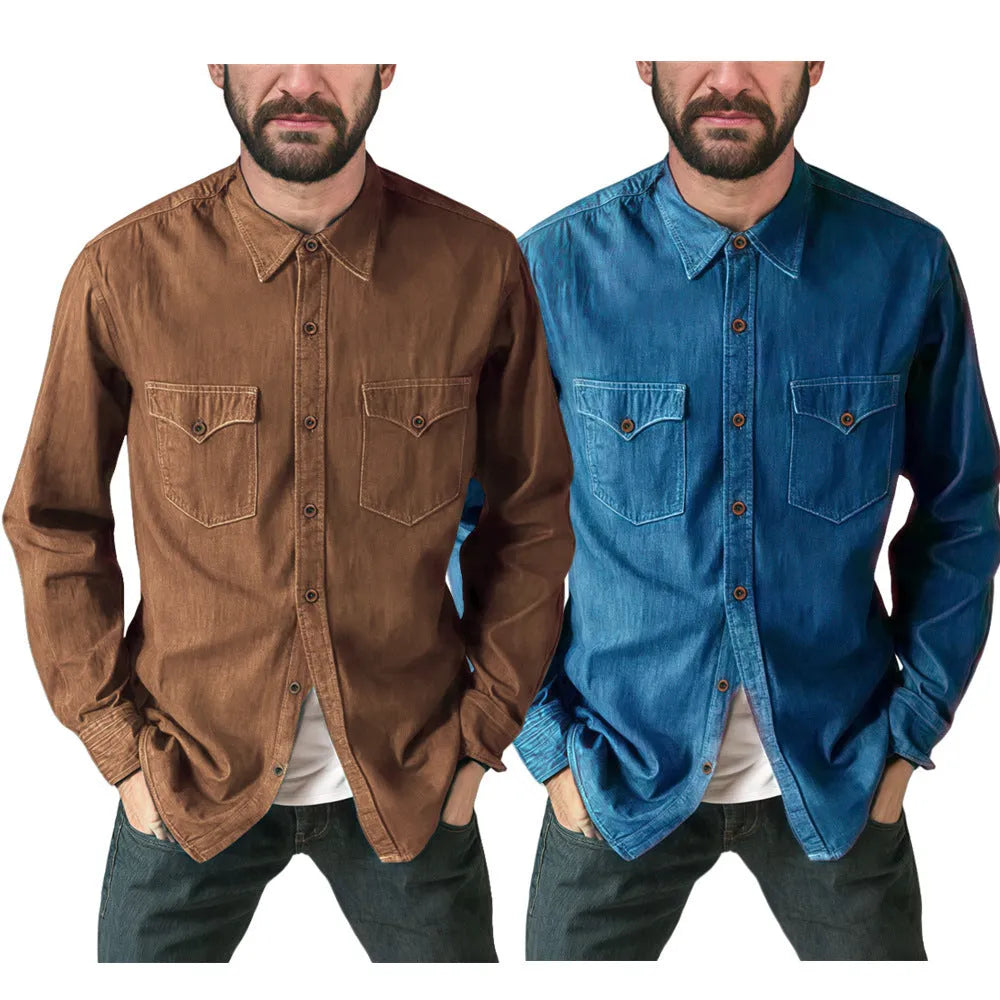 Men's regular fit denim cardigan coat in khaki, shown open as a front layer.