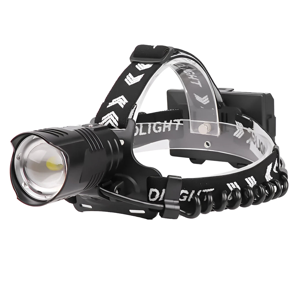 Black telescopic zoom headlight with micro USB charging port and power display