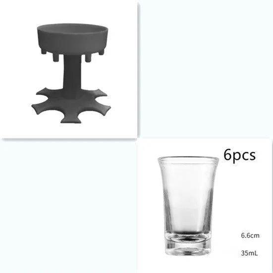 6-port wine dispenser with funnel and six cups in blue, grey, and pink colour options