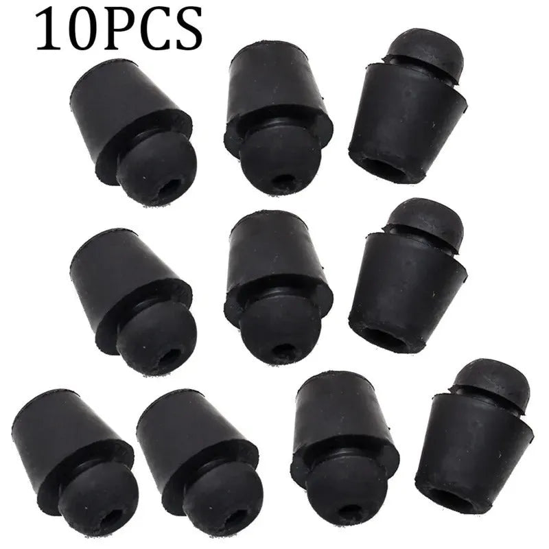 Ten dark grey rubber automobile buckle clips for vehicle trunk and cover shock absorption.