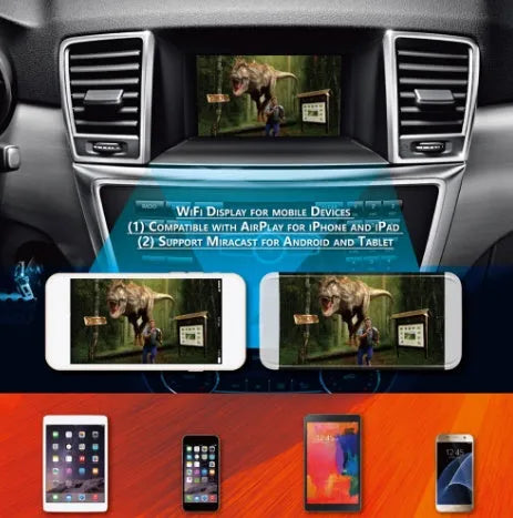 Black car Wi-Fi mirror link box converter with power cable, AV cable, antenna, and manual.